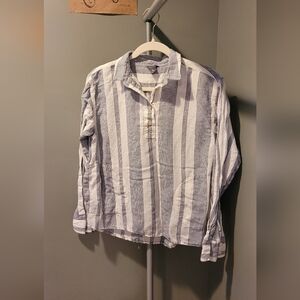 Eddie Bauer Women's Striped Linen Blend Shirt, Medium Tall, White and Blue